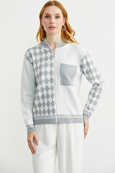 Sementa Zippered Diamond Motif Knitwear Cardigan - Gray
