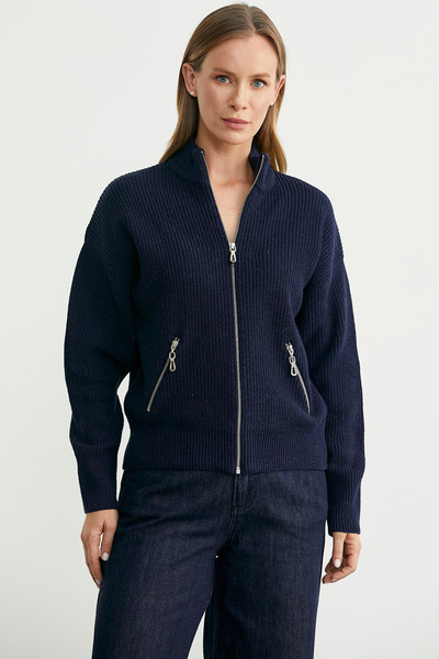 Sementa كارديجان تريكو بياقة عالية وسحاب من الصوف - أزرق داكن