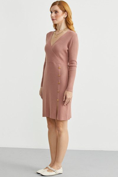 Sementa Kruvaze Düğme Detaylı Triko Elbise - Gül