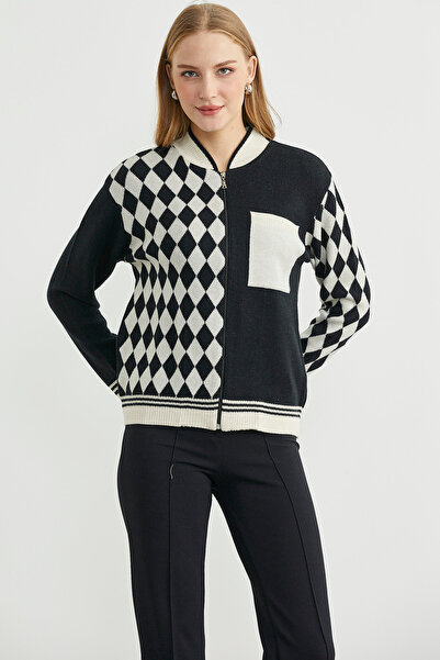 Sementa Zippered Diamond Motif Knitwear Cardigan - Stone