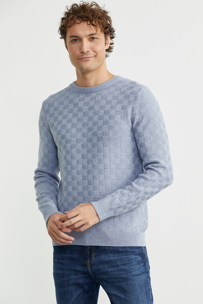 Sementa Patterned Crew Neck Knit Sweater - Blue