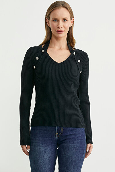 Sementa Boyundan Bantlı Fitilli Triko Kazak - Siyah