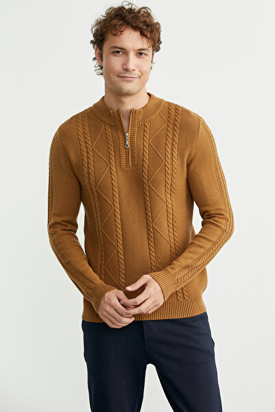 Sementa Half Zipper Stand Collar Knit Sweater - Camel