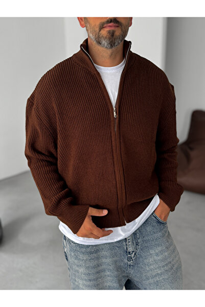 BYBASICMAN Καφέ πλεκτή ζακέτα με φερμουάρ PM-022