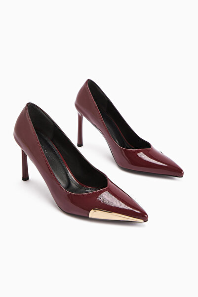 Limoya Lula Burgundy Patent Leather Metal Buckle Pointed Toe Women's Heeled Shoes