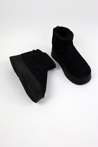Kartezyen siyah süet uk içi kürklü kalın taban kadın bot