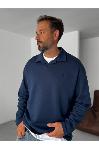 BYBASICMAN Petrol Mavisi Polo Yaka Local Nakışlı İnce Sweatshirt PM-026