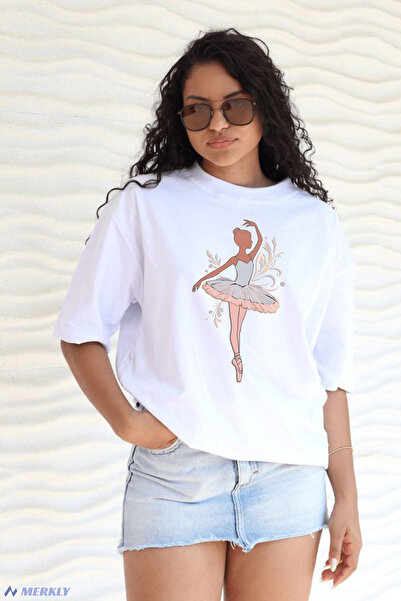 barsdepo تي شيرت مطبوع عليه راقصة الباليه، تي شيرت أبيض كبير الحجم للجنسين للأطفال/البالغين