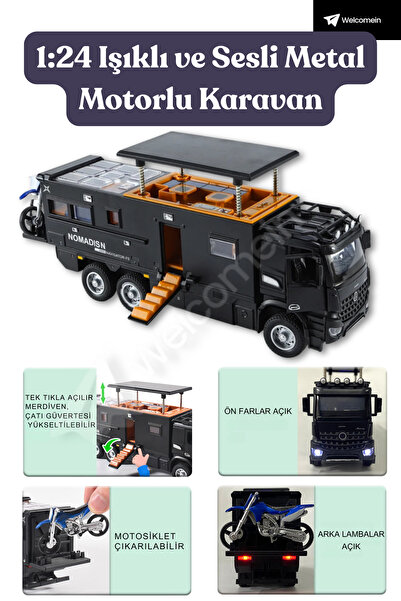 welcomein 1:24 Karavan Model Araç Çek Bırak Sesli Işıklı Açılır Tavan Merdive...