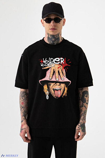barsdepo Tricou Wolder cu imprimeu , supradimensionat Tricou negru unisex pen...