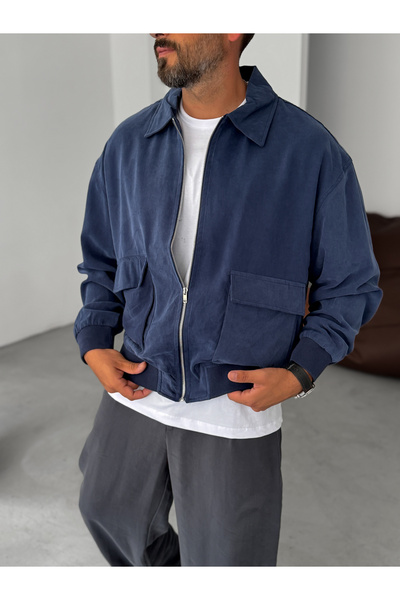 BYBASICMAN Navy Blue Tensel Fabric Washable Double Pocket Jacket Tw-7043