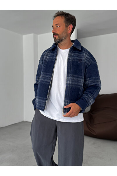 BYBASICMAN Navy Blue Plaid Cashmere Jacket Tw-7030