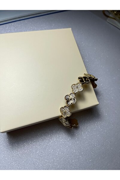 NURA JEWERLYS Yonca desen gold zirkon taşlı şık kelepçe bileklik