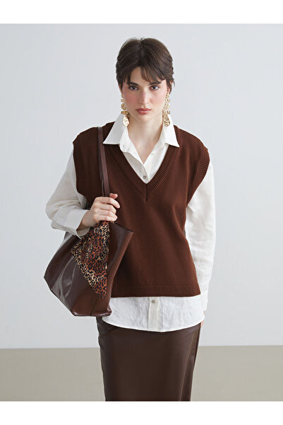 LC Waikiki Brown V-Neck Women's Knitwear Sweater