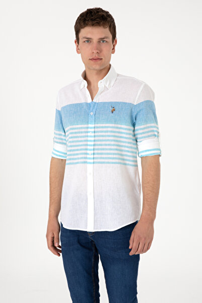 U.S. Polo Assn. Camasa Barbat Alba Cu Dungi Orizontale Albastre