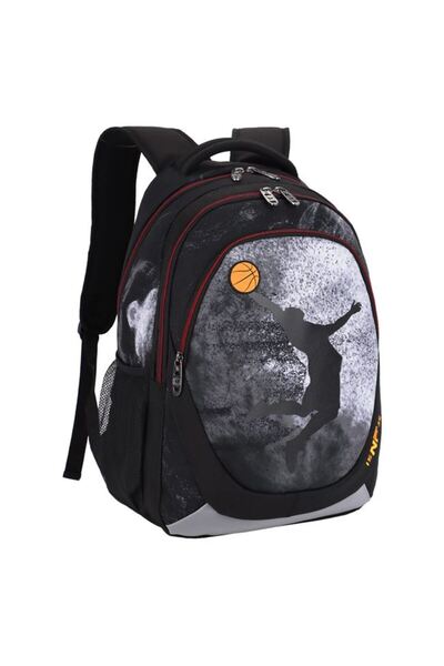 OEM School bag, unisex, basketball pattern, 32x15x45 cm, black with orange
