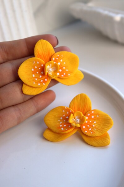 Gizy Store Polimer Kil Orkide Küpe Özel Tasarım Altın Kaplama