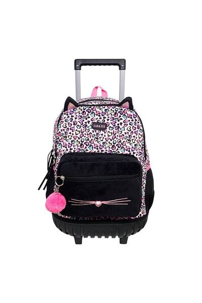 OEM School Bag, Trolley, Black, Pink Cat Pattern, Fenatee, 34 x 23 x 50 cm