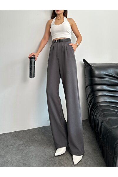 Beybee Kadın Yüksek Bel Kemerli Bol Paça Likralı Palazzo Pantolon