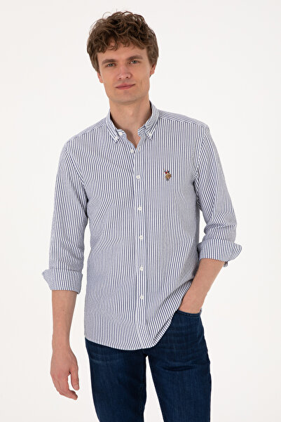 U.S. Polo Assn. Camasa Barbat Alba Cu Dungi Verticale Dese pe Albastru