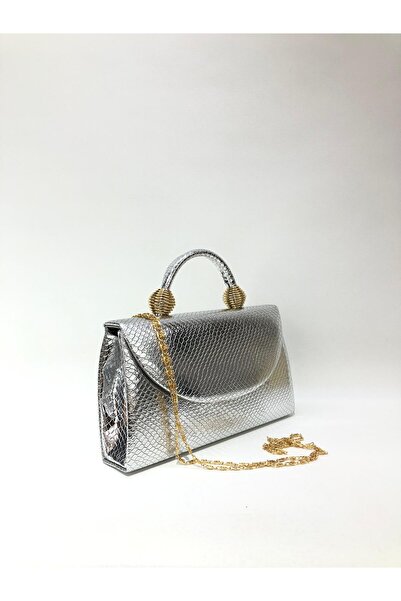 womenacs Silver Color Snakeskin Material Evening Dress Portfolio Handbag with Long Strap (Chain Strap) Women's Bag