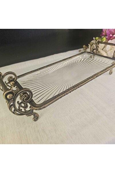 MaviDamla Cast Metal Frame Glass Presentation Plate 37*20 cm Antique Yellow