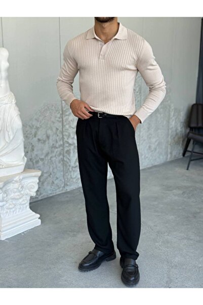 OKSHEN Men's Striped Patterned Buttoned Knit Sweater