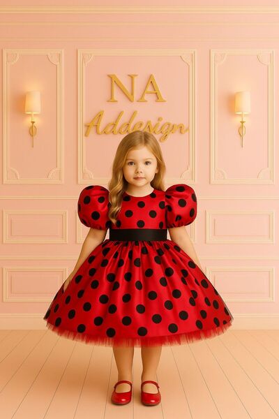 NA ADDESIGN Kız Çocuk Kırmızı Uğur Böceği Desenli Abiye Elbise – Parti ve Öze...