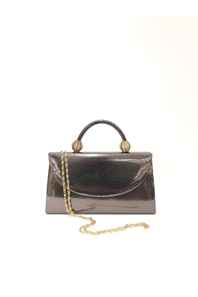 womenacs Platinum Color Snakeskin Material Evening Dress Portfolio Handbag with Long Strap (Chain Strap) Women's Bag
