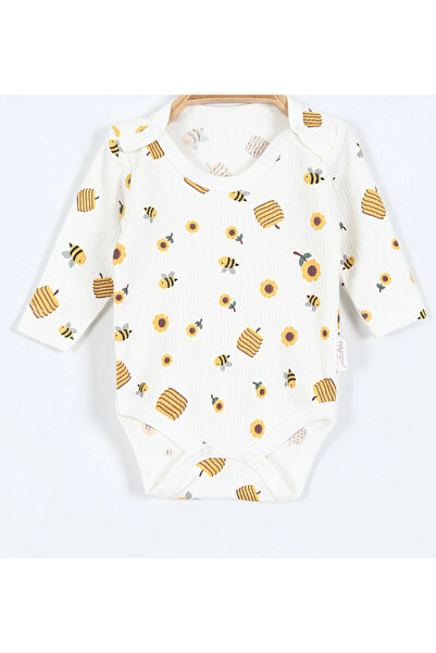 Dominant ملابس بيضاء (0-9 أشهر) بنمط النحل وأكمام طويلة للفتيات الصغيرات مع أزرار كبس