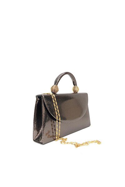 womenacs Platinum Color Snakeskin Material Evening Dress Portfolio Handbag with Long Strap (Chain Strap) Women's Bag