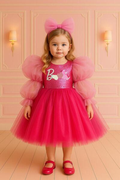 NA ADDESIGN Fuchsia Sequined Balloon Sleeve Tutu Girls' Party and Birthday Dress