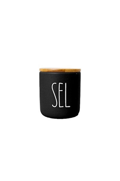 FRANDIS Ceramic Salt Container with Bamboo Lid, Frandis, 7.7x9 cm, Black/