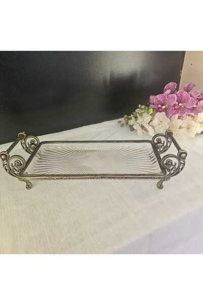 MaviDamla Cast Metal Frame Glass Presentation Plate 32*15 cm Antique Yellow