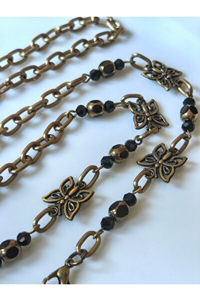 THİNBLACK Butterfly Figured Glasses Chain – Antique Gold & Black Crystal Beaded | |   78 cm |   Thinblack ®