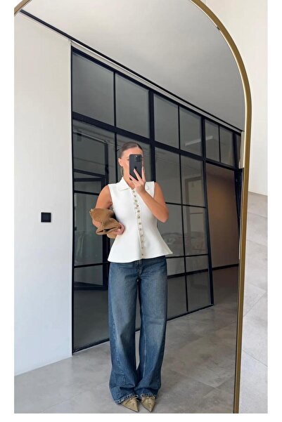 CADDELAMODA Γυναικεία μπλούζα από ατσάλι με χρυσά κουμπιά