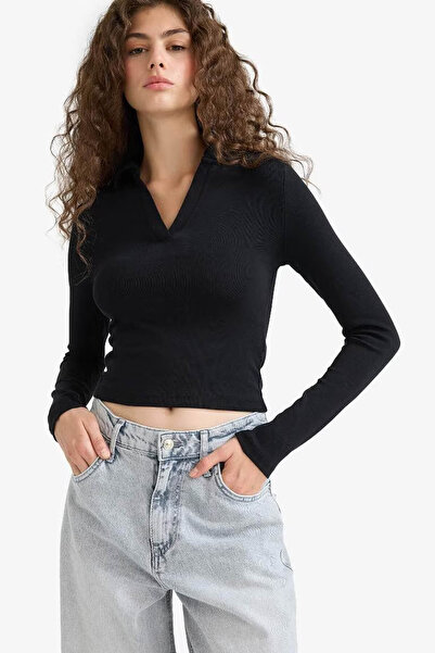 DeFacto Fitted Polo Neck Basic Plain Modal Black Women's Long Sleeve T-Shirt E7938Ax/Bk81