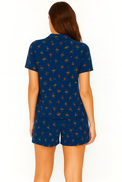 Nevala Çiçek Desenli Lacivert Renkli Viskon Şortlu Dokuma Pijama Takımı