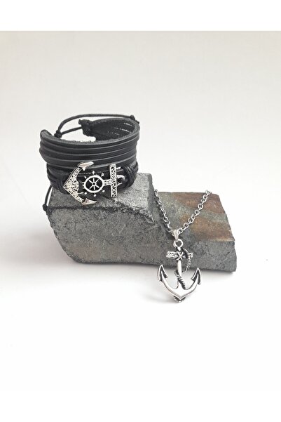 BSN Store مجموعة هدايا من 3 قطع من الأساور والقلادات المصنوعة من الجلد الطبيعي مع شكل المرساة البحرية