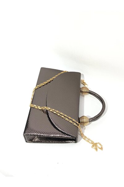 womenacs Platinum Color Snakeskin Material Evening Dress Portfolio Handbag with Long Strap (Chain Strap) Women's Bag