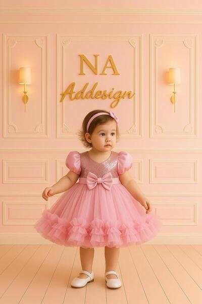 NA ADDESIGN Pink Sequined Bow Detail Puffy Girl's Party & Birthday Dress