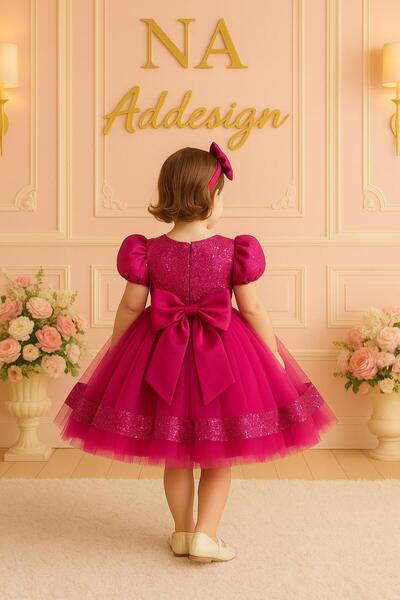 NA ADDESIGN Girl's Fuchsia Sequined Puffy Evening Dress – Birthday and Special Occasion Dress, Sparkling Puffy Evening Dress