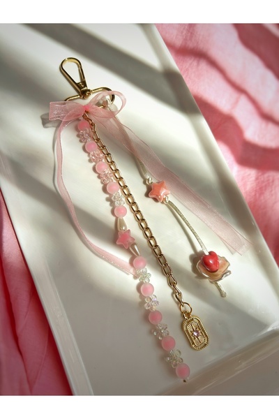 Handmade Pembe fiyonklu çanta charmı çanta süsü çanta aksesuarı