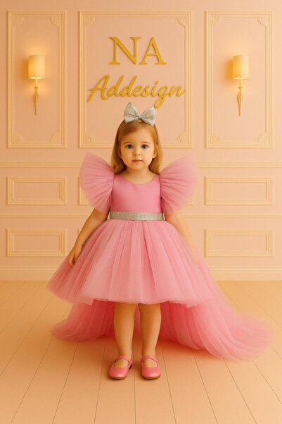 NA ADDESIGN Rochie pentru fetiță prințesă cu trenă din tul roz – Design special cu detaliu strălucitor în talie, rochie de petrecere roz