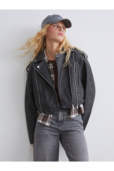 LC Waikiki Black Biker Collar Crop Women's Leather Look Jacket