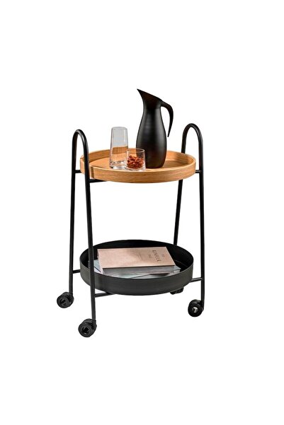 FRANDIS Serving Table with Metal Structure and Detachable Bamboo Tray, Frandis, 41.5x45x76 cm, Black/