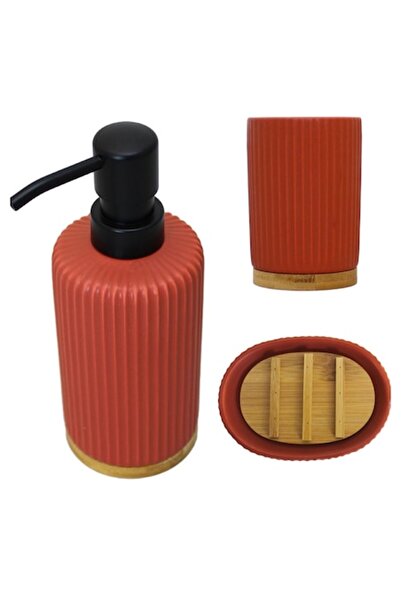 FRANDIS Dispenser, glass and soap dish set, Frandis, ceramic and bamboo, Terracotta model