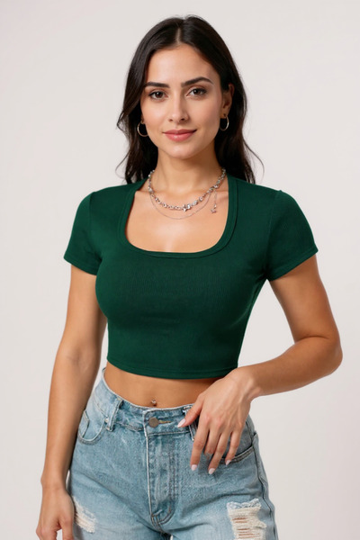 evolise Women's Green Half Sleeve Plain Collar Crop Top Blouse - Stylish, Com...