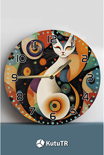 kutuTR Decorative Modern Mdf Wall Clock – Artistic Cat Pattern – 33X33 cm Sdw452
