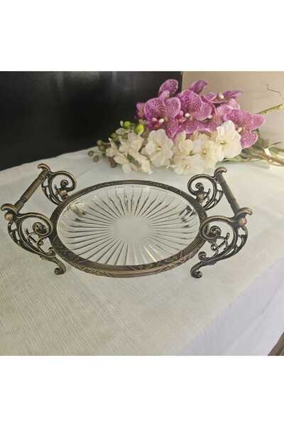 MaviDamla Metal Cast Frame Glass Presentation Plate with Handle Round 21.cm Antique